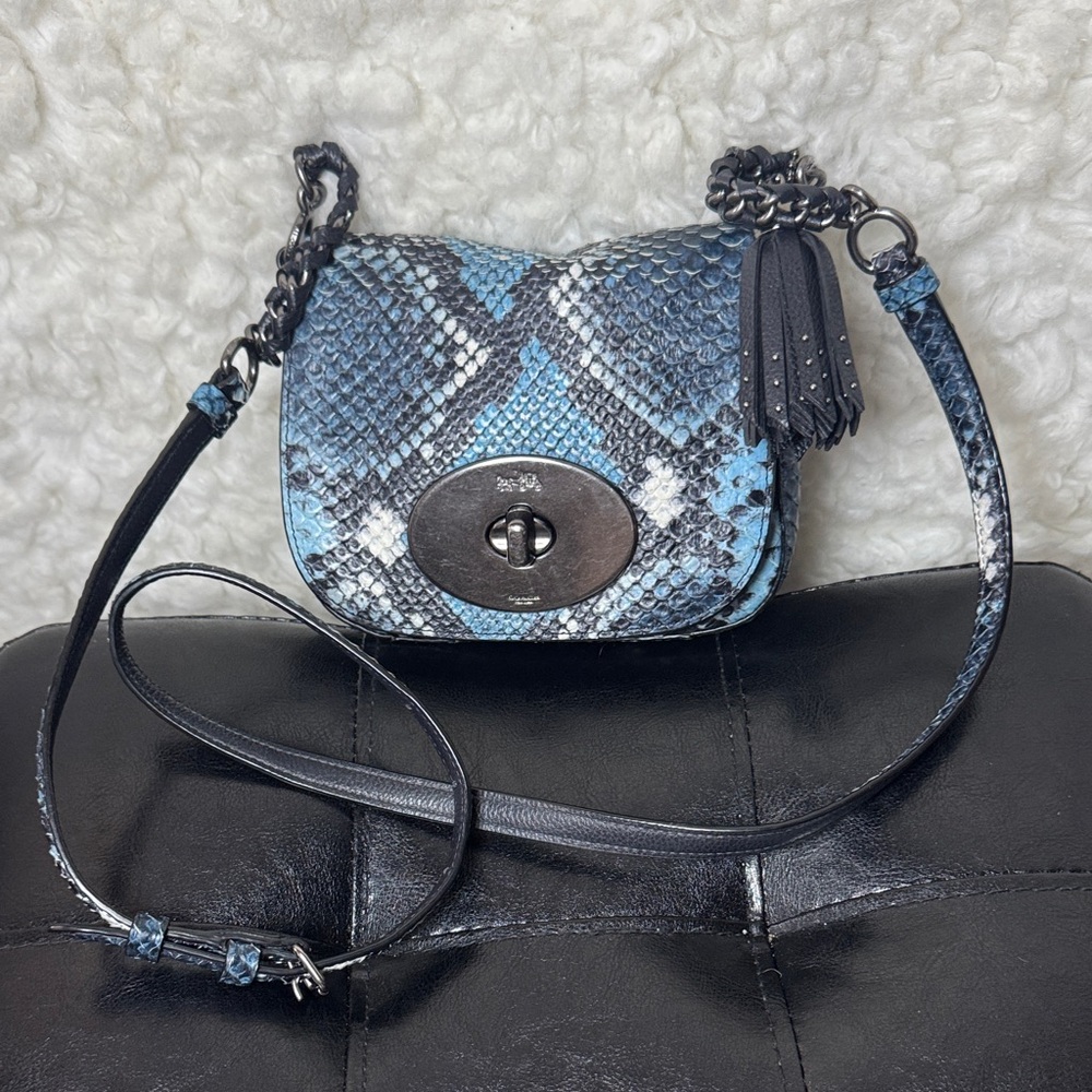 Coach Blue Snake-Print Crossbody Bag with Tassel